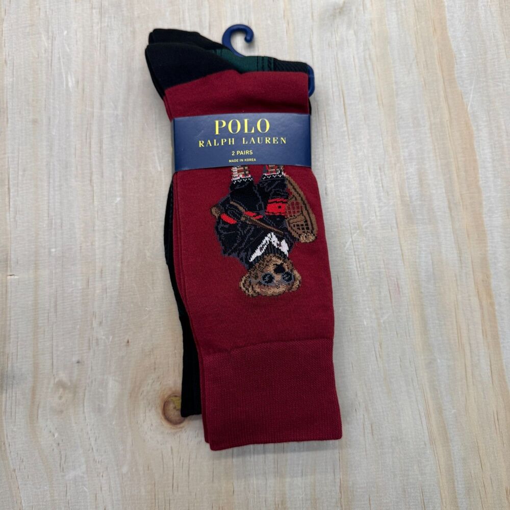 NEW Polo Ralph Lauren Mens Bear Trouser Socks Black Green Red Sz 10-13 2 Pack
